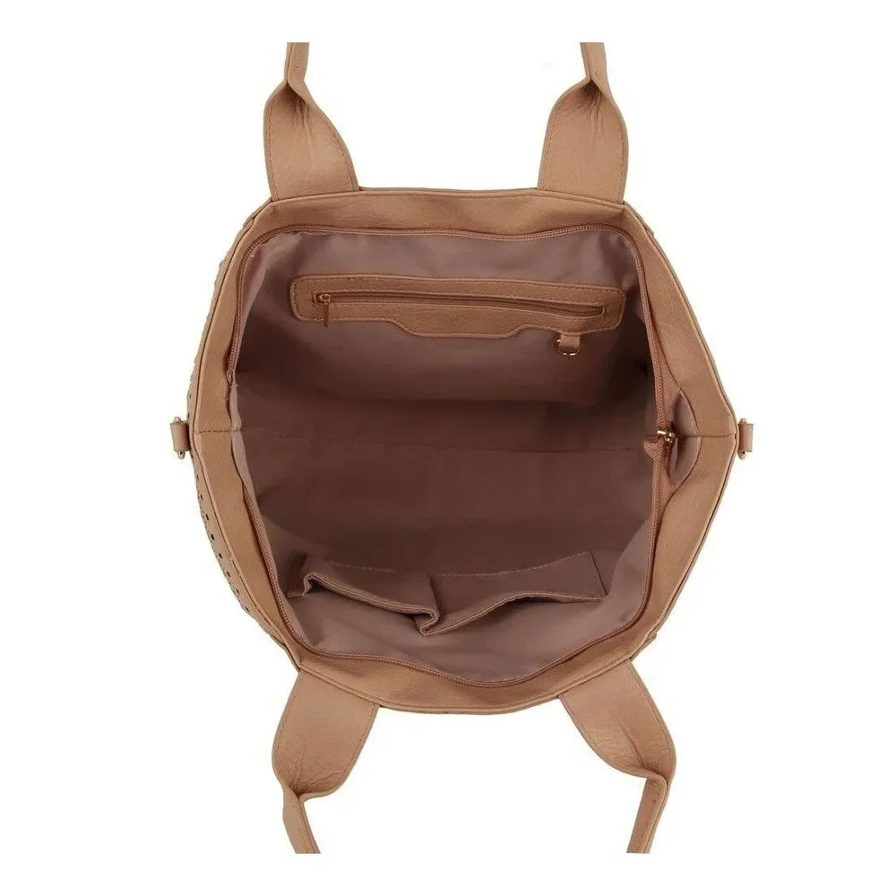 Women's Large Beige Laser-Cut Tote With Detachable Strap